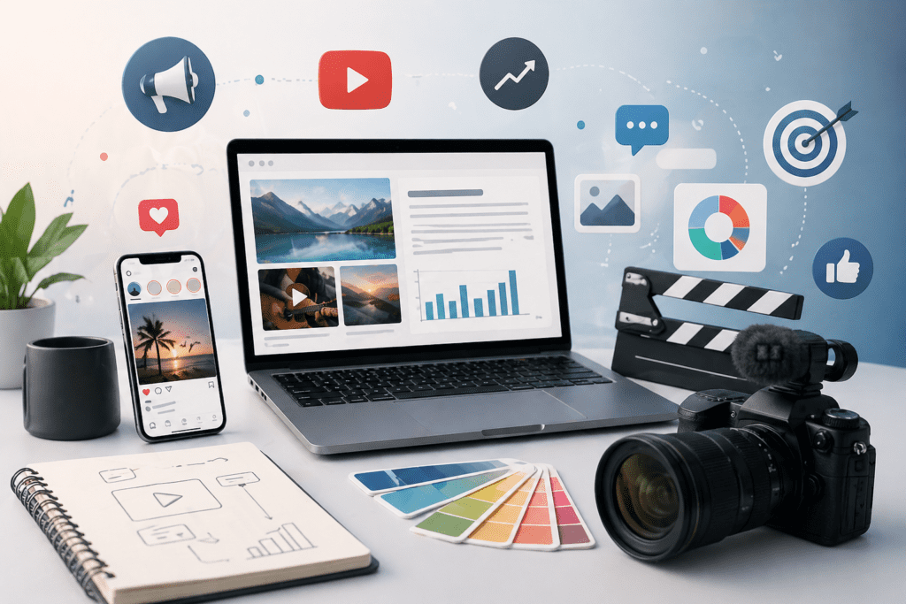 Modern digital marketing workspace with laptop analytics dashboard, smartphone social media screen, professional camera, video tools, and floating engagement icons representing content creation and online growth.